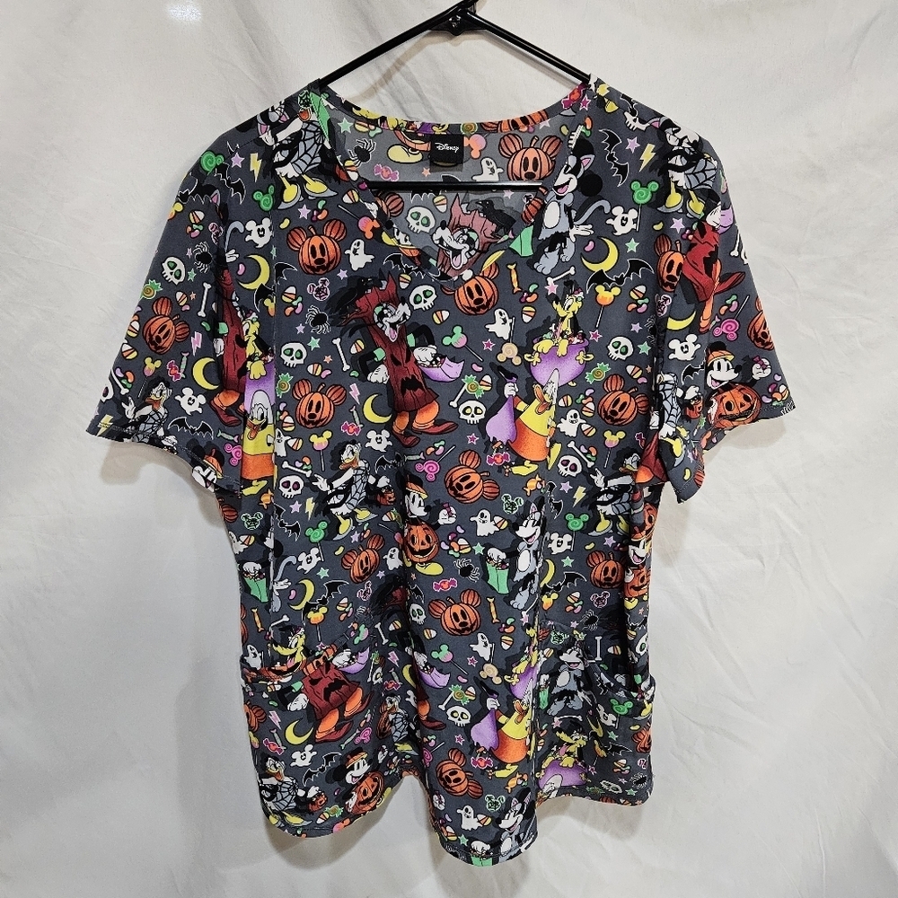 Disney Mickey Mouse and Friends Candy Fun Womens V Neck Scrub Top Large
